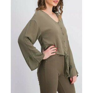 FRESHMAN Dark Green Tie Bottom Boho Top NEW LARGE